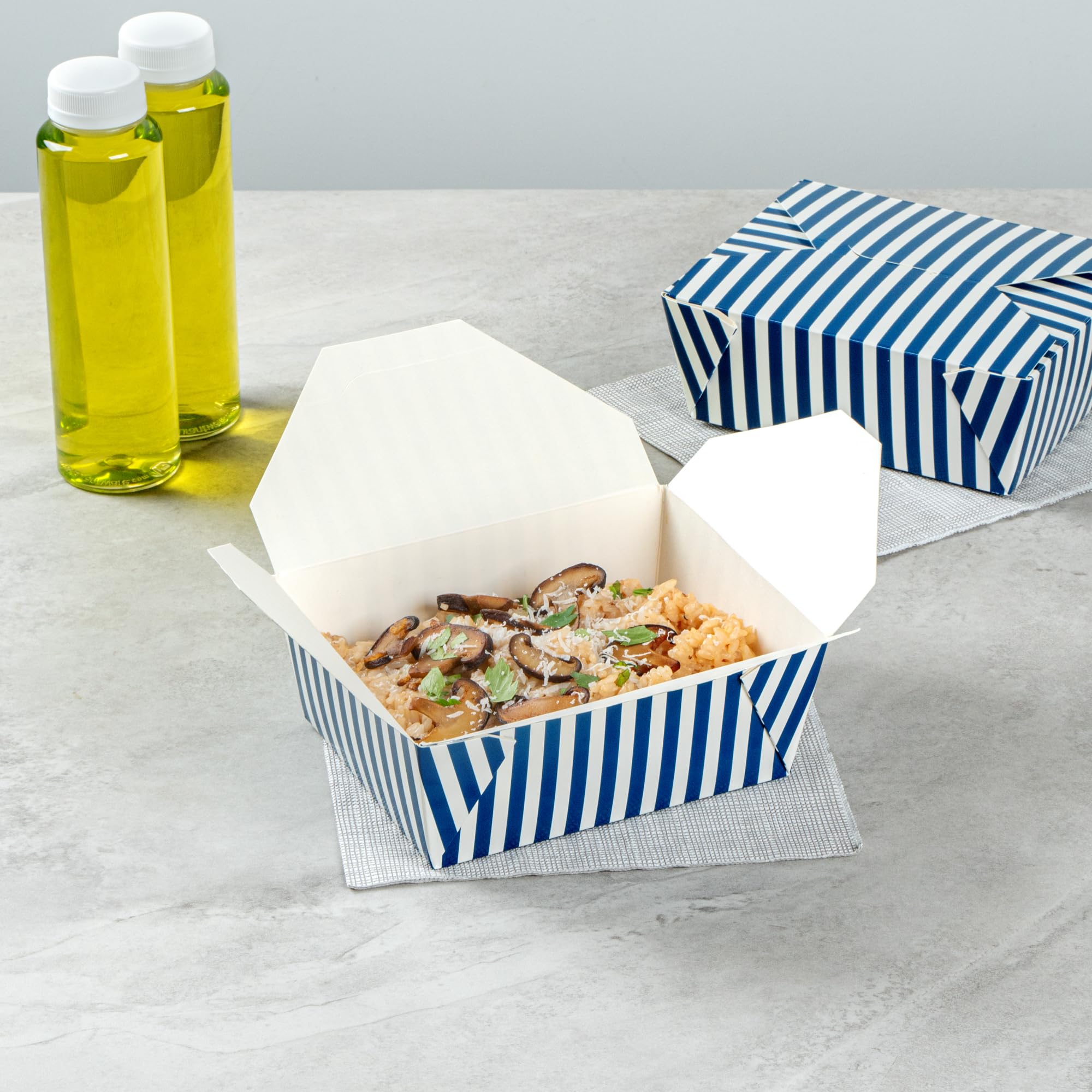 Restaurantware-Bio Tek 6.7 x 5.5 x 2.6 Inch Food Containers, 200 Durable Takeaway Boxes - Disposable, Striped, Blue And White Paper 45 Ounce Takeout Boxes, Rectangle, For Takeouts And Delivery