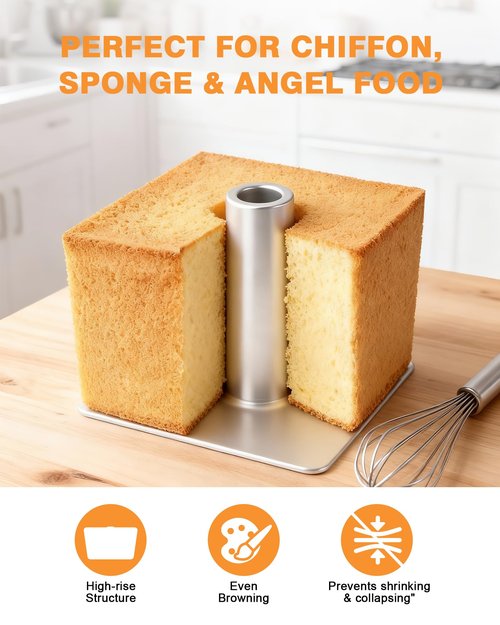 Roicaholy Square Angel Food Cake Pan with Removable Bottom, 9.5 Inch Aluminum Alloy Tube Pan with Cooling Feet, 24-Cup Capacity for Chiffon and Sponge Cakes