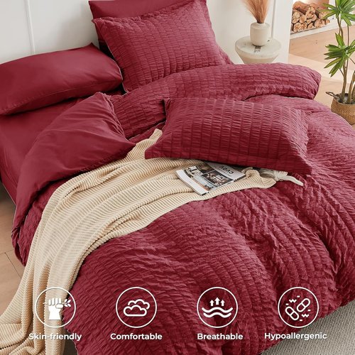 HYMOKEGE King Size Comforter Set - Burgundy Seersucker 7-Piece Luxury Bedding Set for All Seasons