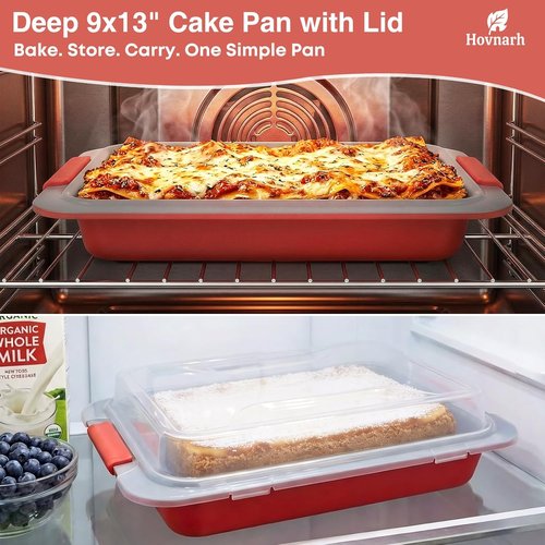 Heavy Duty Nonstick Baking Pan with Lid - 9x13 Deep Cake Pan for RV & Convection Oven | Coral Red