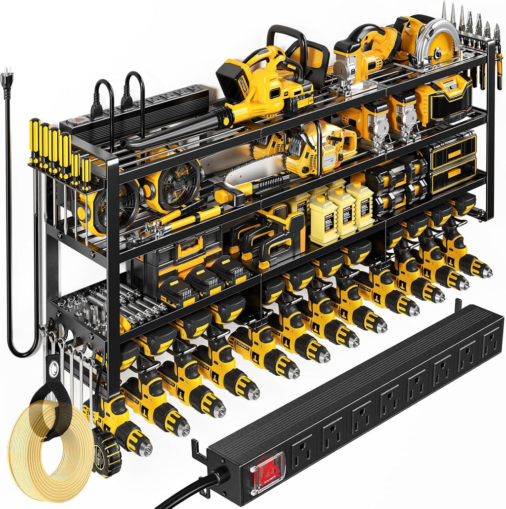 POKIPO Large Power Tool Organizer - Wall Mount Charging Station with 8 Outlet Power Strip | 49.5" 4-Tier Heavy Duty Storage for 12 Cordless Drills, 800 lb Load Capacity