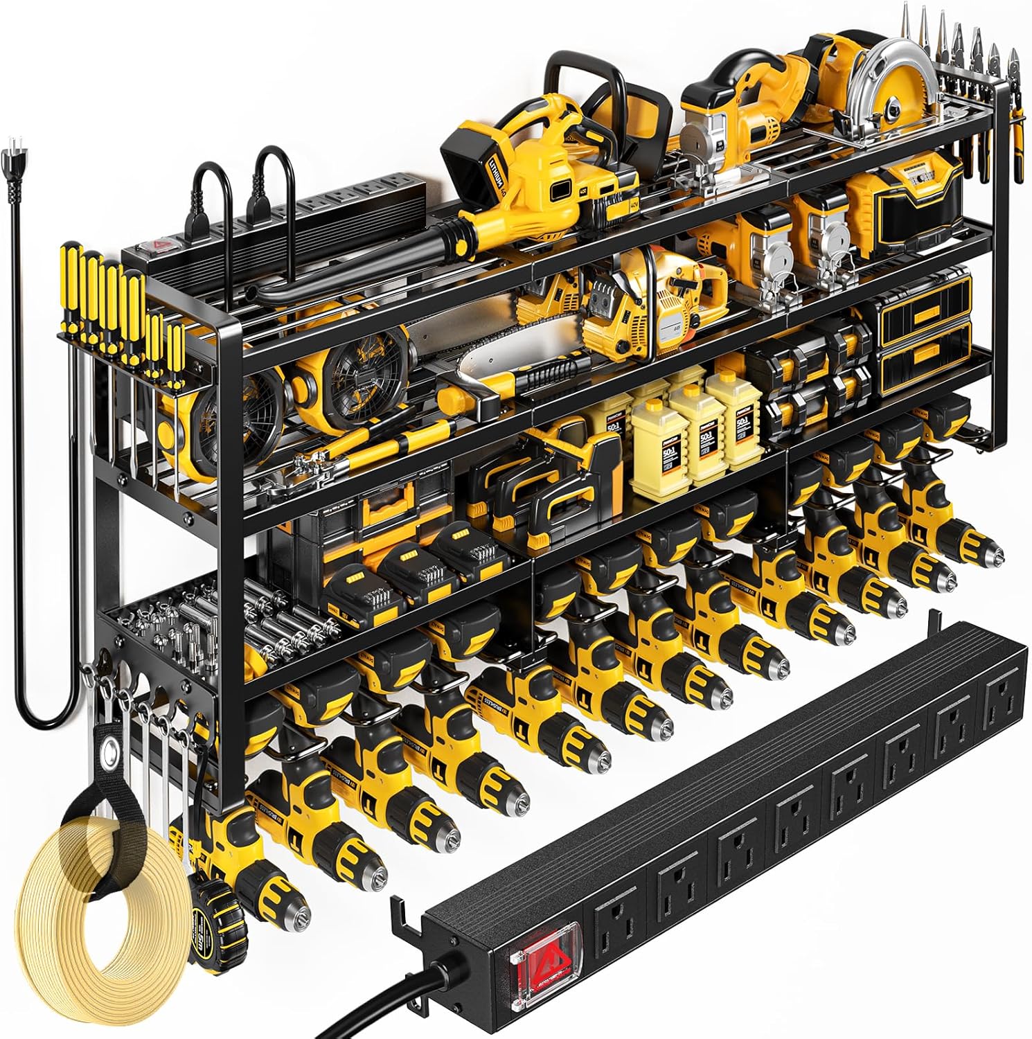 POKIPO Large Power Tool Organizer - Wall Mount Charging Station with 8 Outlet Power Strip | 49.5" 4-Tier Heavy Duty Storage for 12 Cordless Drills, 800 lb Load Capacity