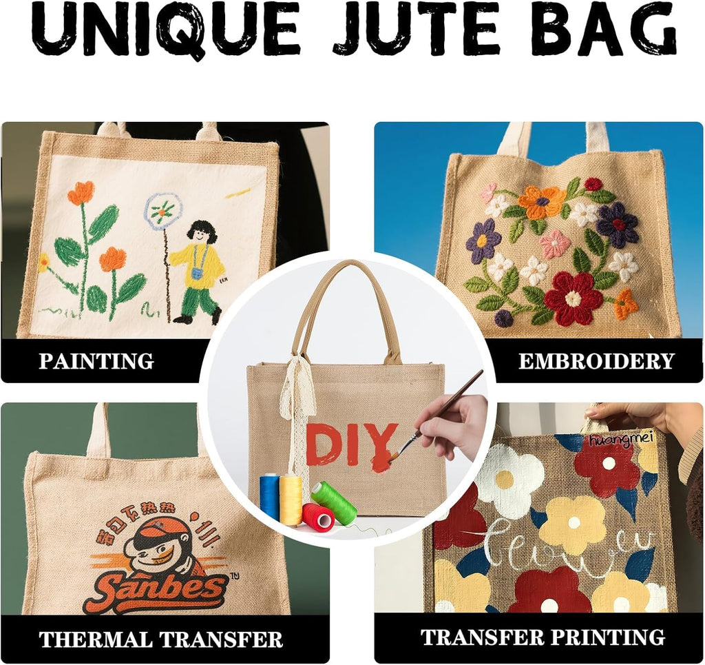 Karinoos 6pcs Burlap Tote Bag Set with Handles, Waterproof Reusable Blank Grocery Bags with Ribbon Large Jute Tote 15.35 * 6 * 12 Inch for Women Bridesmaid Gift Beach Pool Shopping Wedding Travel DIY