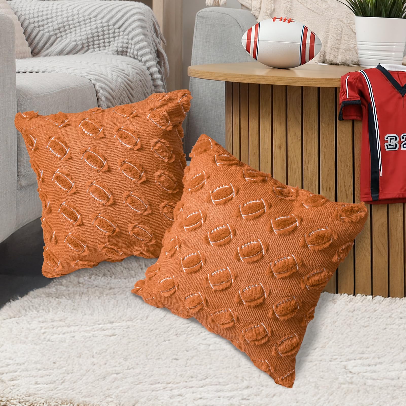 Emvency Football Throw Pillow Covers 18x18 Set of 2, Brown Sports Room Decor Cute Western Soft Plush Faux Fur Wool Aesthetic Decorative Pillow Case for Couch Bed Sofa Living Room