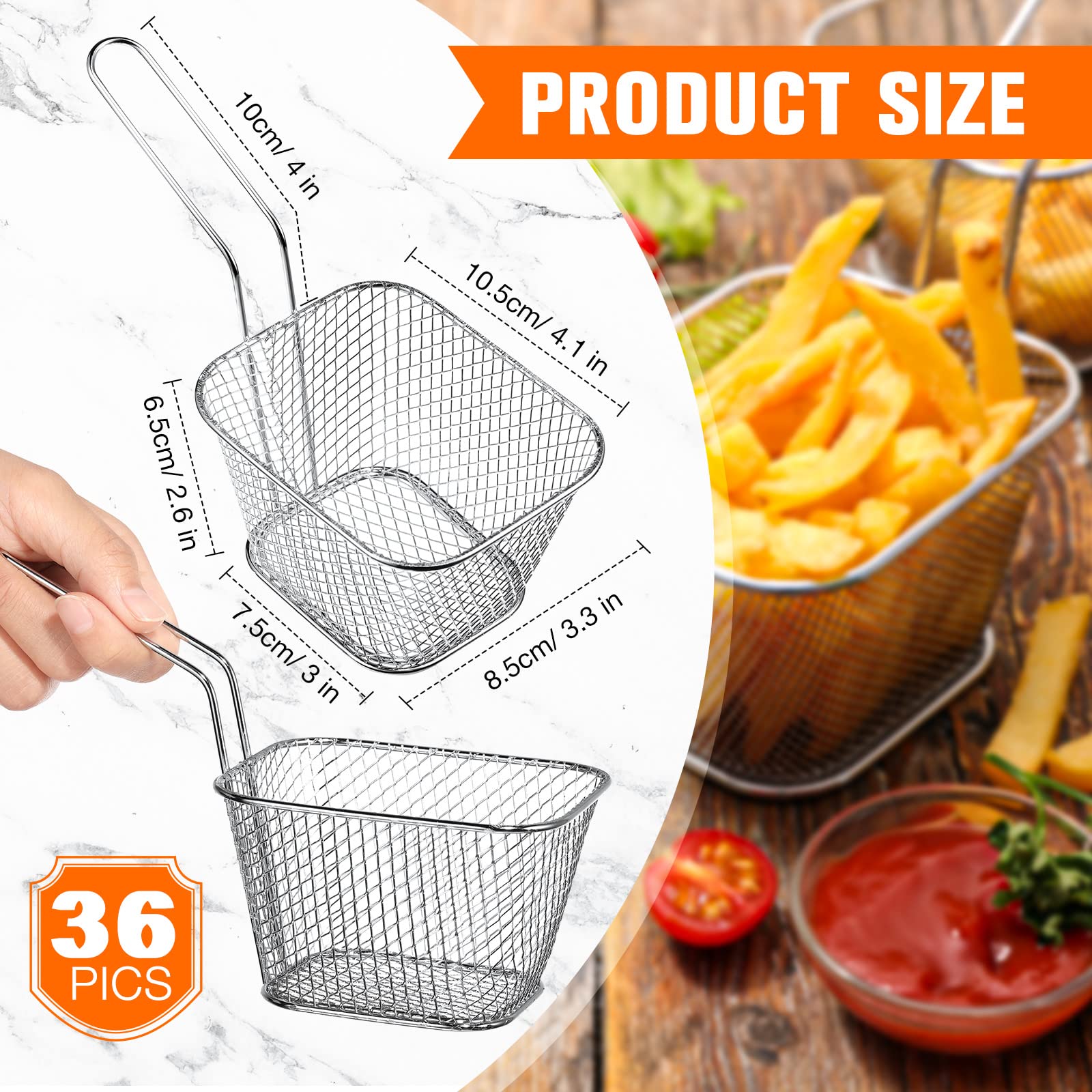 36 Pcs Mini Square Fry Basket with Handle Chrome French Fry Holder Chip Food Presentation Baskets Net Potato Cooking Tool for Food Table Serving Oil Residue Filtration