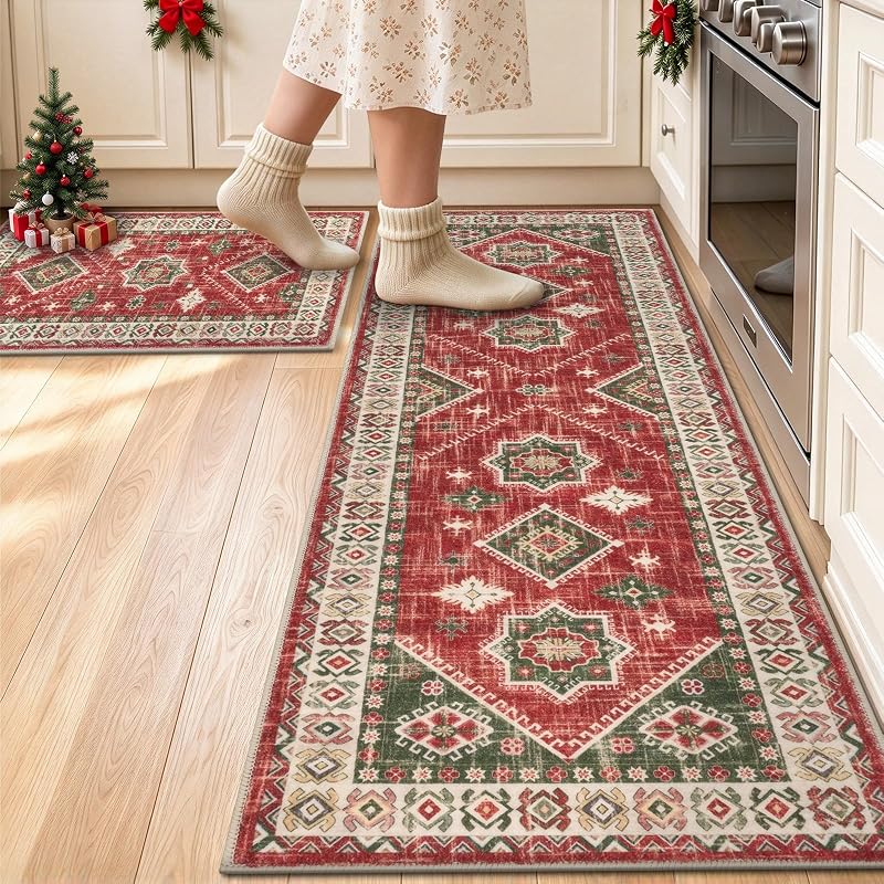 Christmas Kitchen Rug Set of 3 - Red & Green Non-Slip 20x32, 20x48, 20x59 variation: Red/Green+20"x32+20"x48+20"x59"