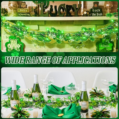 MJZ 2 Pack 9.85 FT St Patrick's Day Garland with Green LED Lights, Battery Operated Irish Shamrock Garland Fairy Lights with 8 Modes, St Patricks Day Decorations for Mantle Porch Door Stairs Table
