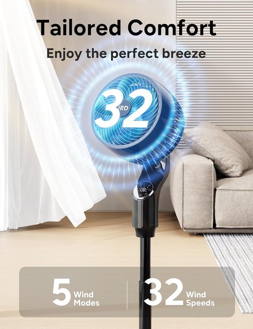 JRD Oscillating Standing Fan - 70° Quiet Pedestal Fan with Remote | 39-43" Adjustable Height, 32 Speeds