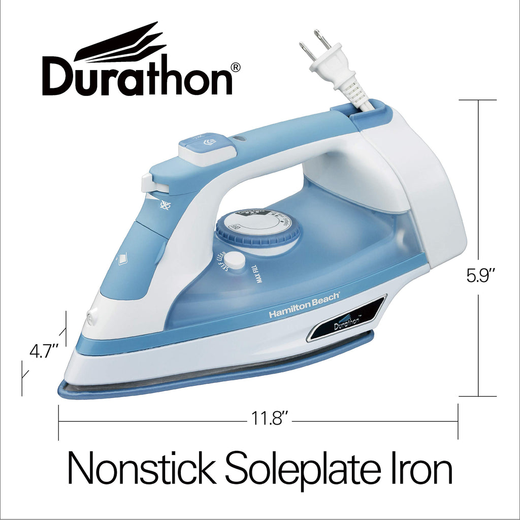 Hamilton Beach Steam Iron & Vertical Steamer for Clothes with Scratch-Resistant Soleplate, Adjustable Steam Settings + 8’ Cord Wrap, 3-Way Auto Shutoff, Anti-Drip, Self-Cleaning, 1500 Watts, Blue