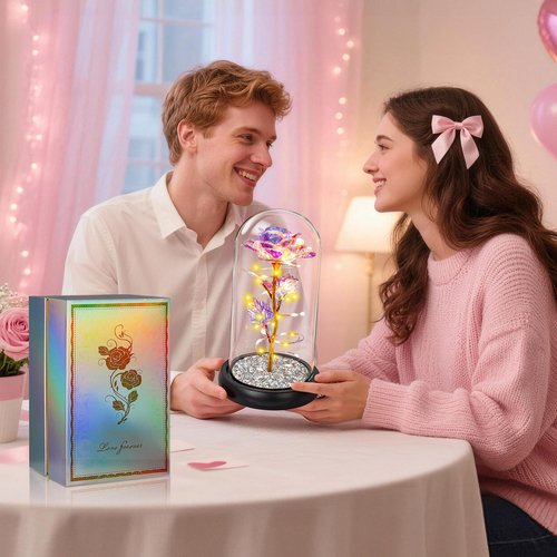 Valentines Day Rose Gifts for Her,Birthday Gifts for Women,Crystal Light Up Rose in A Glass Dome with Sparkling Base,Colorful Flowers Mothers Day Rose Gifts for Mom Wife Grandma Anniversary Christmas