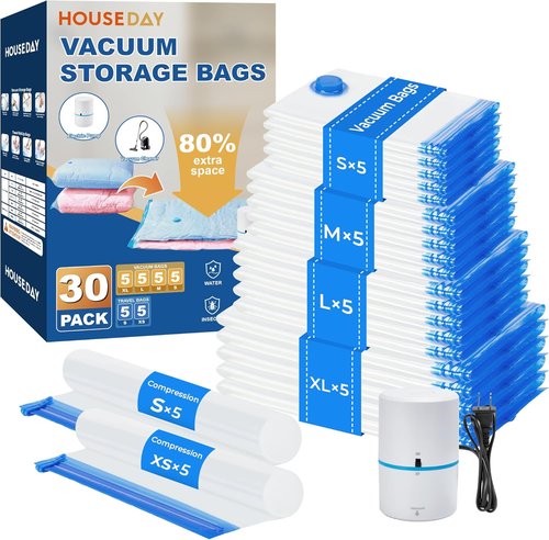 HOUSE DAY Vacuum Storage Bags - 30 Pack with Electric Pump | 4 Sizes for Clothing, Bedding & Travel - Airtight & Reusable
