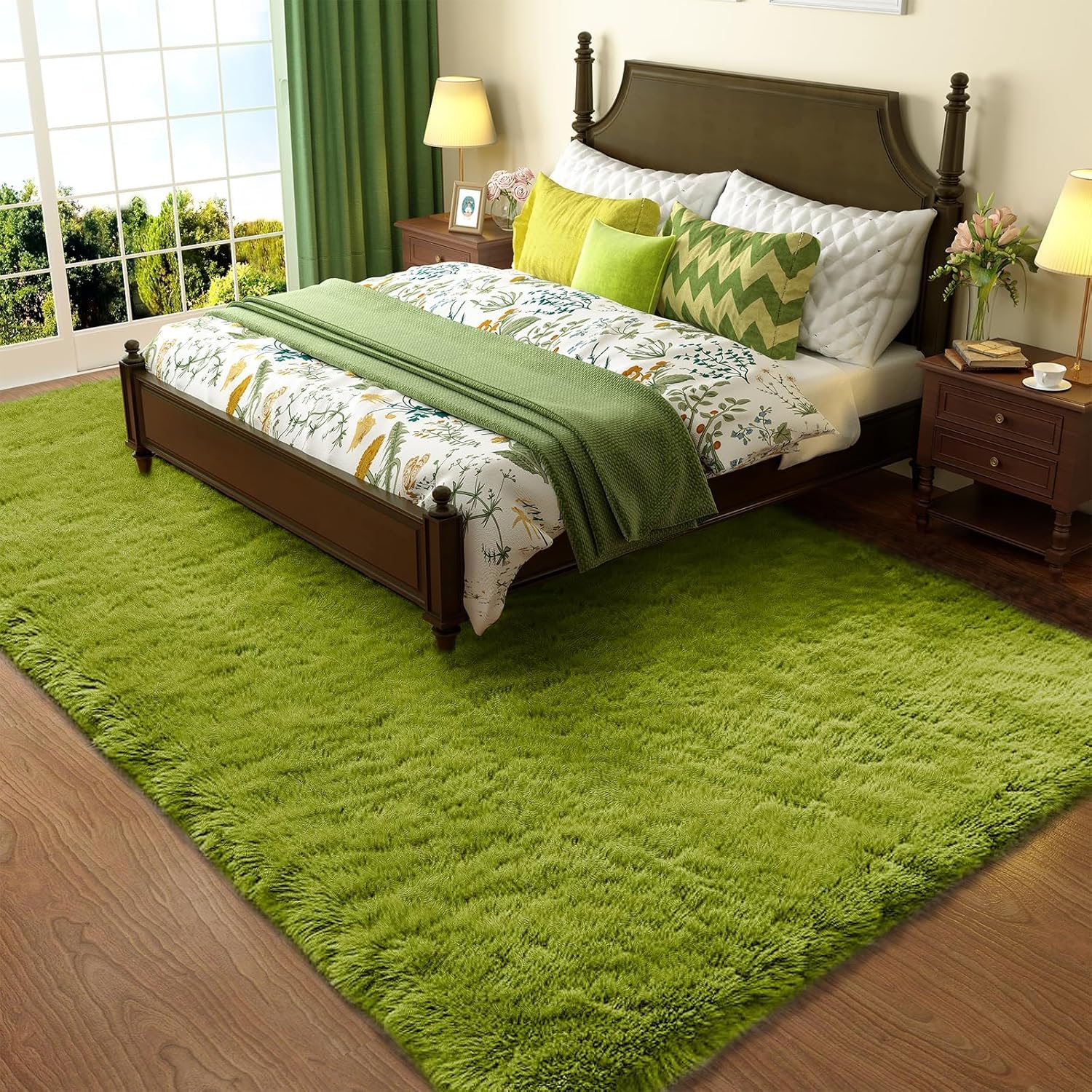 Ophanie Green Area Rug - Soft Fluffy Shag Carpet for Bedroom | 4x6 Cute Plush Indoor Decor