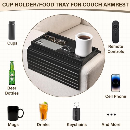 YUBAMIN Bamboo Sofa Arm Tray, Anti-Dropping Couch Arm Tray, Foldable Sofa Armrest Tray Couch Arm Table for Eats, Drinks, Snacks, Remote, Cellphone, Cup Holder, Back Anti-Slip Pad Design