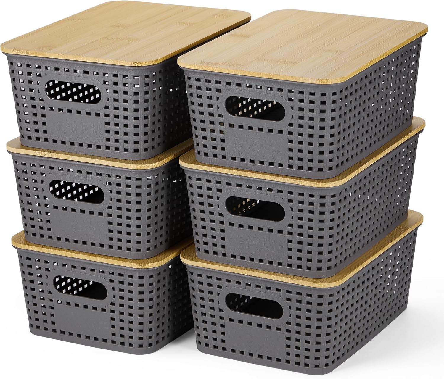 Skiennix Plastic Storage Baskets - Stackable Containers with Bamboo Lid | 6-Pack Gray for Organizing Shelves and Desks