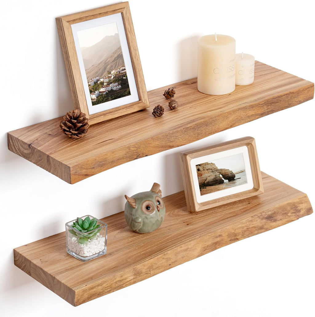 Rustic Solid Elm Wood Floating Shelves by [Brand Name] - Live Edge Wall Mounted Design | Set of 2, 24 Inch, Natural Finish