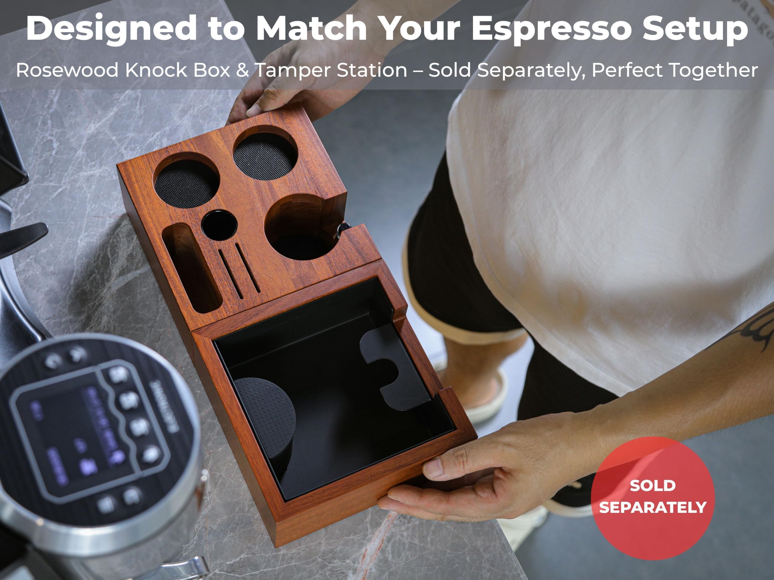 KNODOS Rosewood Espresso Knock Box Portafilter Tamping Stand with Shock-Absorbing Bar & Non-Slip Design | Premium Dump Bin for Home Barista Stations
