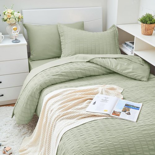HYMOKEGE Twin XL Comforter Set - Light Green Seersucker 5-Piece Luxury Bedding Set