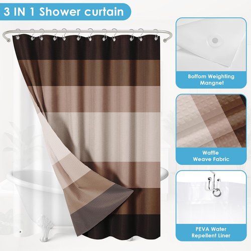 Nesphy Shower Curtain and Liner, Brown Striped 3 in 1 Shower Curtain and PEVA Liner Set with 12 Rust-Resistant Metal Hooks, Waterproof Fabric Shower Curtains for Bathroom, 72 W x 72 H