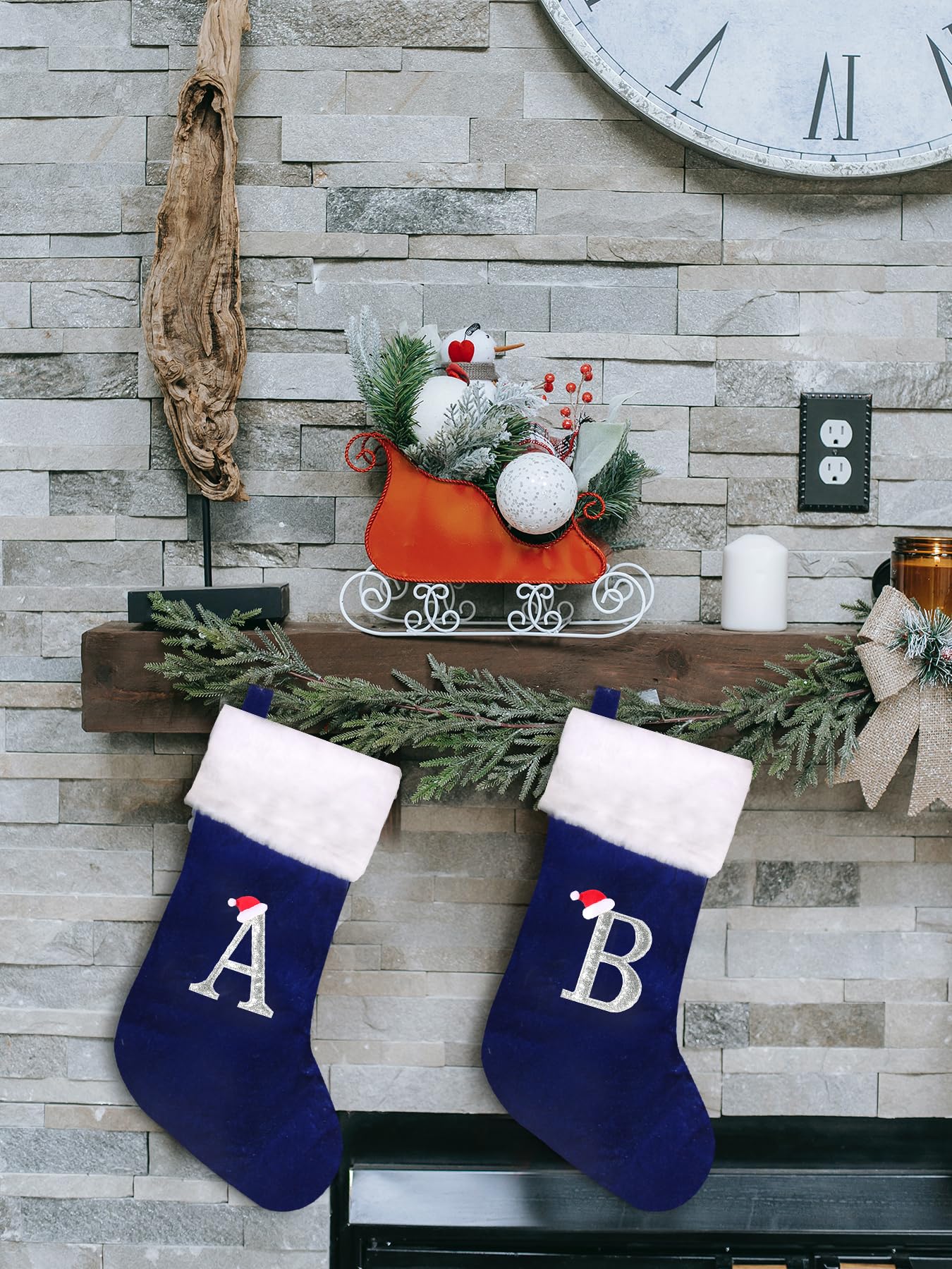 Wlflash 20 Inches Super Soft Plush Monogram Christmas Stockings Xmas Rustic Personalized Stocking Embroidered Letter Decoration for Decor