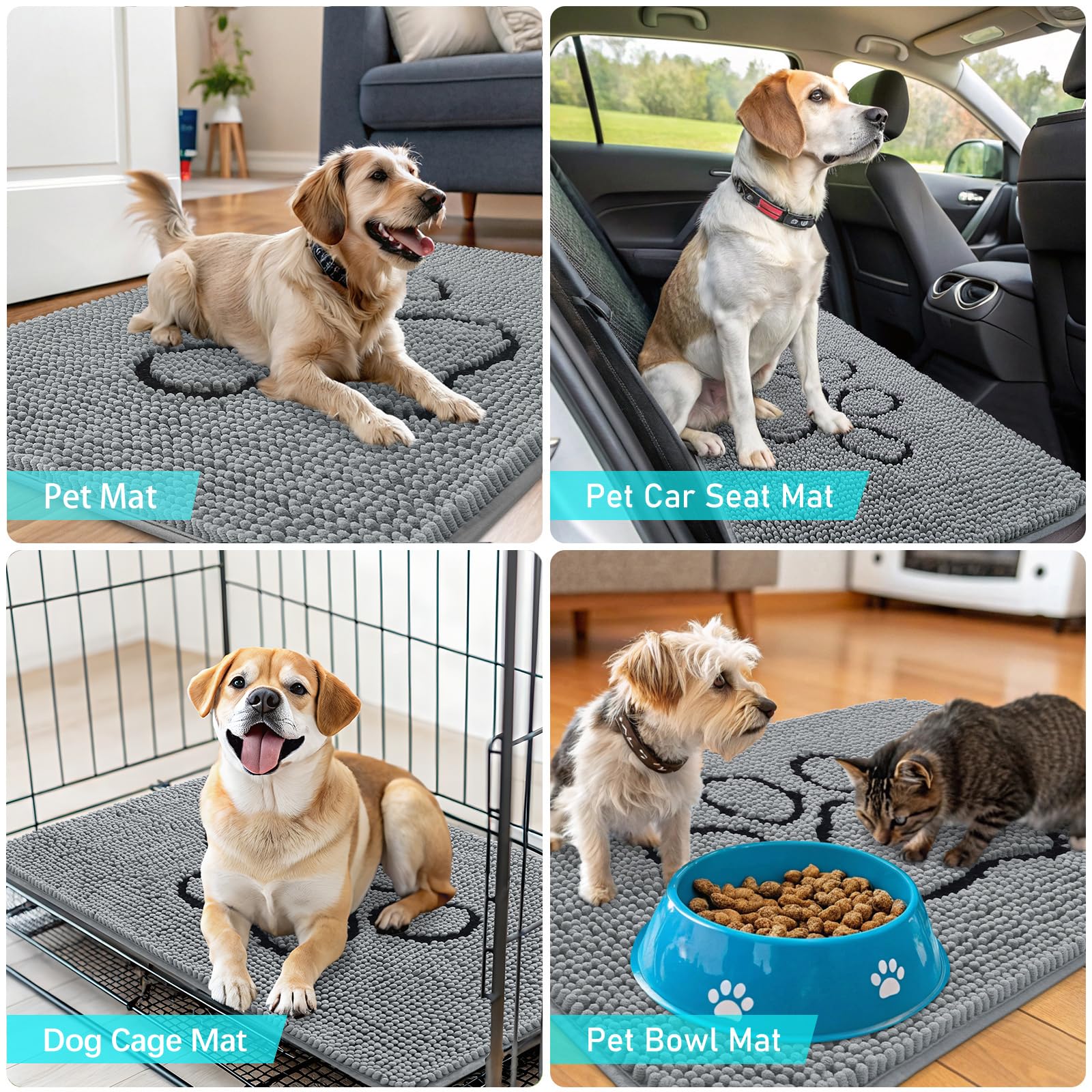 OLANLY Dog Door Mat for Muddy Paws 30x20, Paw Print Design, Absorbs Moisture and Dirt, Absorbent Non-Slip Washable Doormat, Quick Dry Chenille Mud Mat for Dogs, Entry Indoor Entryway Carpet, Grey