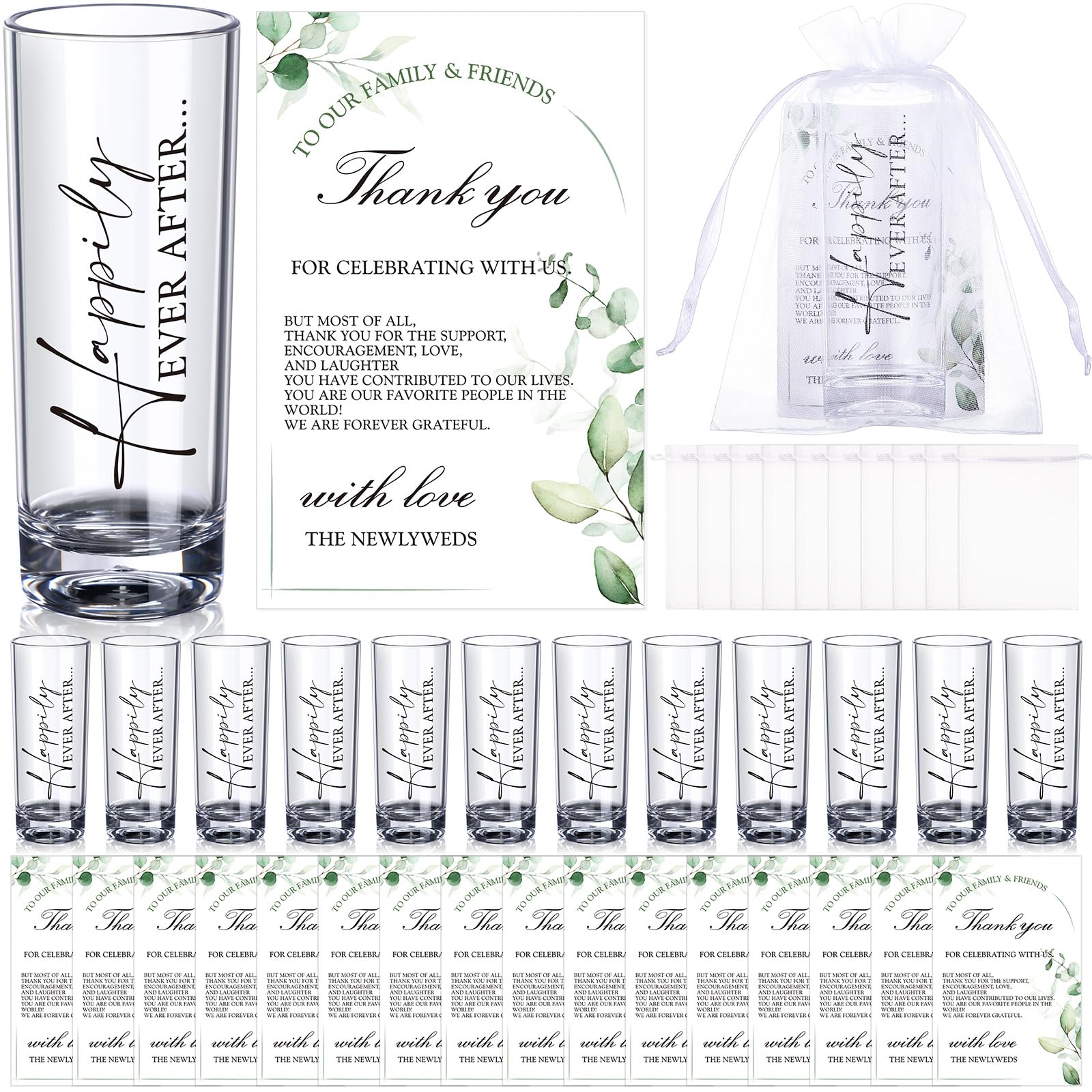 Sliner 100 Set Wedding Favors for Guests Bulk 2oz Acrylic Happily ever after Shot Glasses with Thank You Cards Organza Bags wedding gifts for Guest Souvenirs Newlyweds Bridal Shower Party