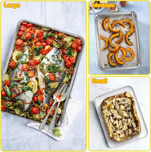 E-far Stainless Steel Baking Cookie Sheet Pan Set - 3 Sizes (16"/12.4"/10.4") | Non-Toxic & Dishwasher Safe