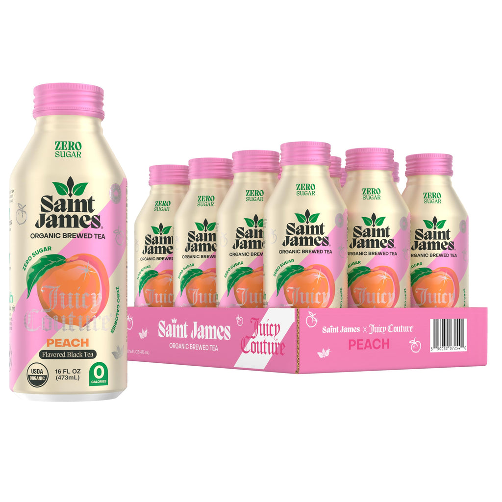 Saint James Iced Tea x Juicy Couture Limited Edition - Organic Black Tea - Non-GMO, Gluten Free, Zero Calorie, Zero Sugar - Juicy Peach, 12 Pack (16 fl oz each)