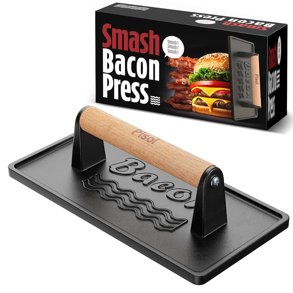 Pisol Bacon Press Smash Burger Press, Pre-Seasoned Cast Iron Hamburger, 2 lb Heavy-Duty Grill Bacon Meat Press Tool with Wood Handle