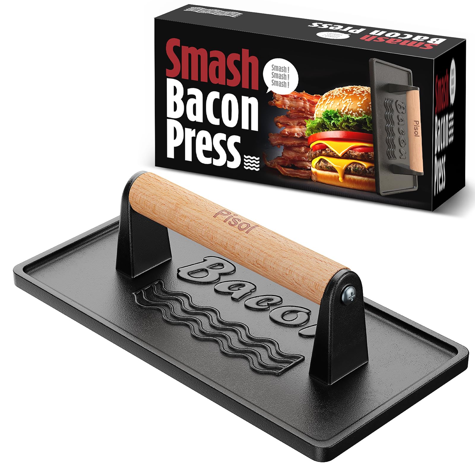 Pisol Bacon Press Smash Burger Press, Pre-Seasoned Cast Iron Hamburger, 2 lb Heavy-Duty Grill Bacon Meat Press Tool with Wood Handle