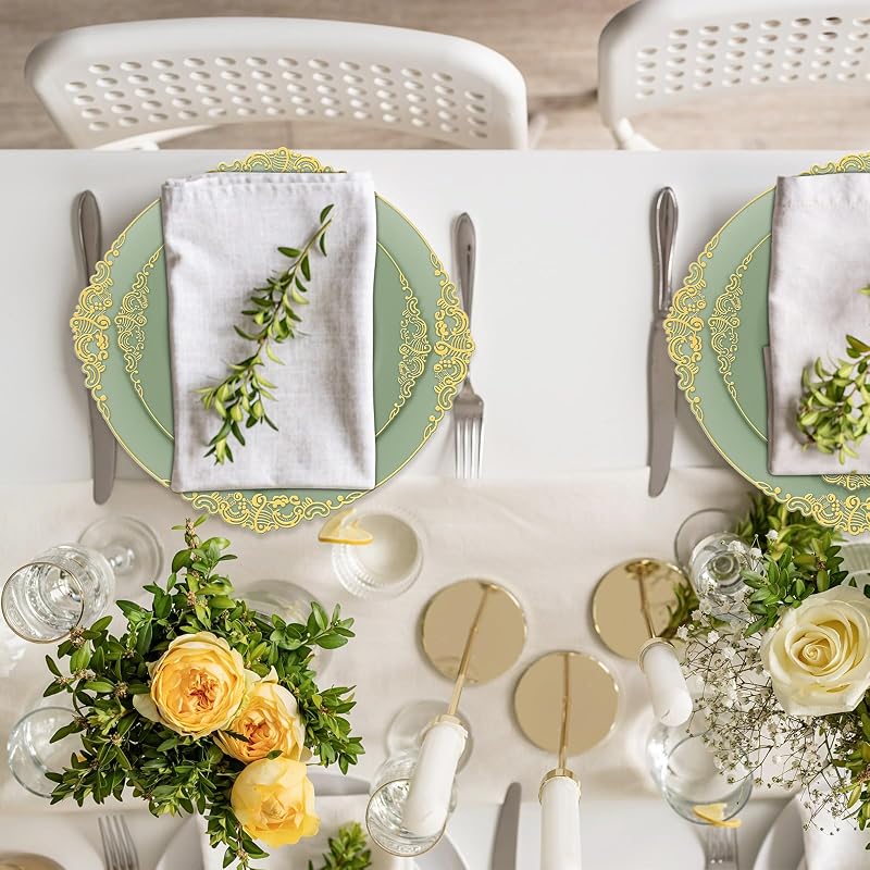 Umigy Sage Green Plastic Dinnerware Set with Gold Edges, 300 Pcs - Disposable Plates, Cutlery & Cups (Variation: Sage Green+300)