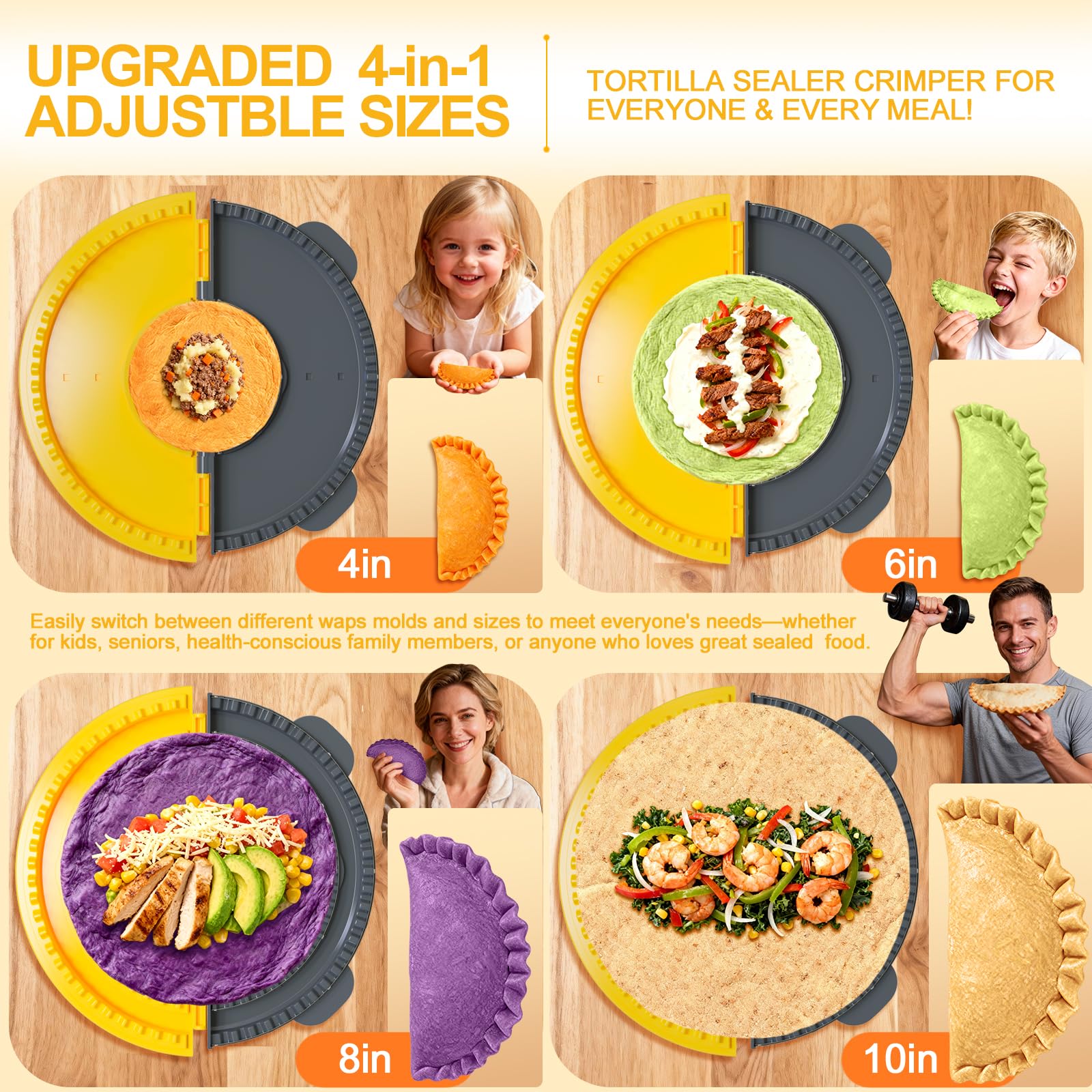 Updated 4-in-1 Tortilla Sealer Crimper, Adjustable 4"+6"+8"+10" Tortilla Press Quesadilla Sealer, Double Leak-Proof Design for Perfect Sealed Burritos, Tacos and Creative DIY Cooking,for Mother's Day