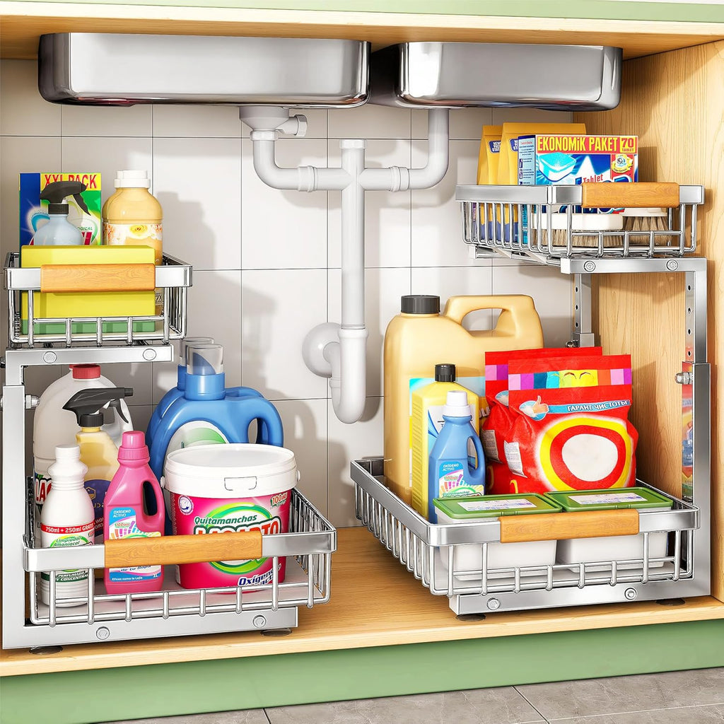 Under Sink Organizer by Skiennix - Stainless Steel 2-Tier Storage Solution | Pull-Out Cabinet Shelf