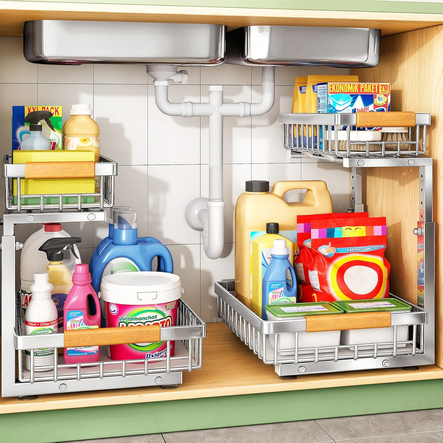Under Sink Organizer by [Brand Name] - Stainless Steel 2-Tier Storage Solution | Pull-Out Cabinet Shelf