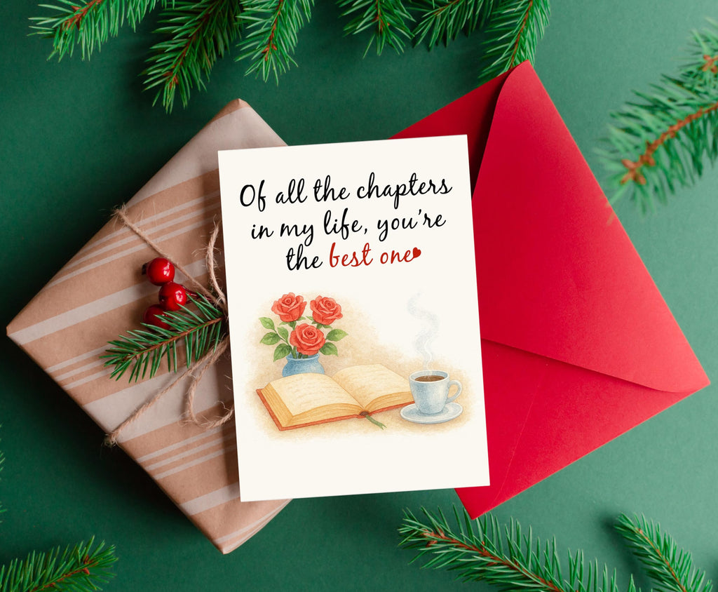 Anniversary Card – Romantic Greeting Card with Roses, Book & Coffee Design – 5x7 Inch Folded Card with Envelope & Sticker – Love Card for Husband, Wife, or Couple – Valentines Day or Wedding Anniversary