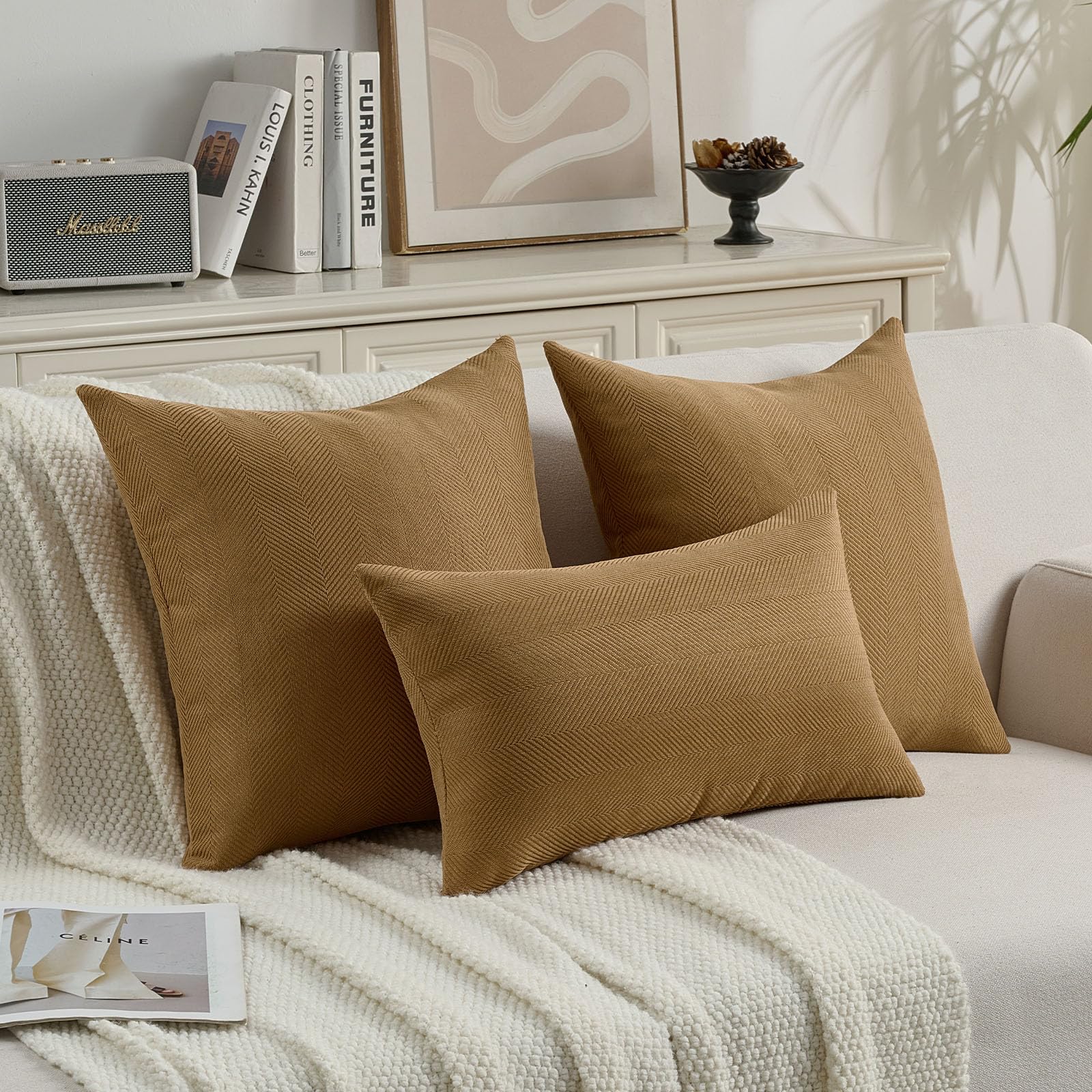 FUTEI Pack of 2 Chevron Chenille Throw Pillow Covers 18x18 Inch Soft Herringbone Textured Decorative Cushion Case Farmhouse Accent Pillows for Couch Bed Living Room, Camel