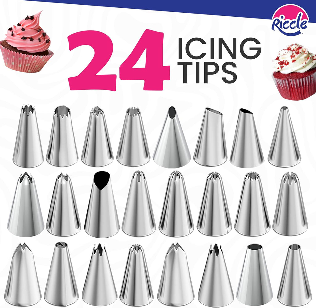 Riccle Cake Decorating Kit - 88 Pcs with Turntable, 50 Disposable Piping Bags, 24 Tips & More