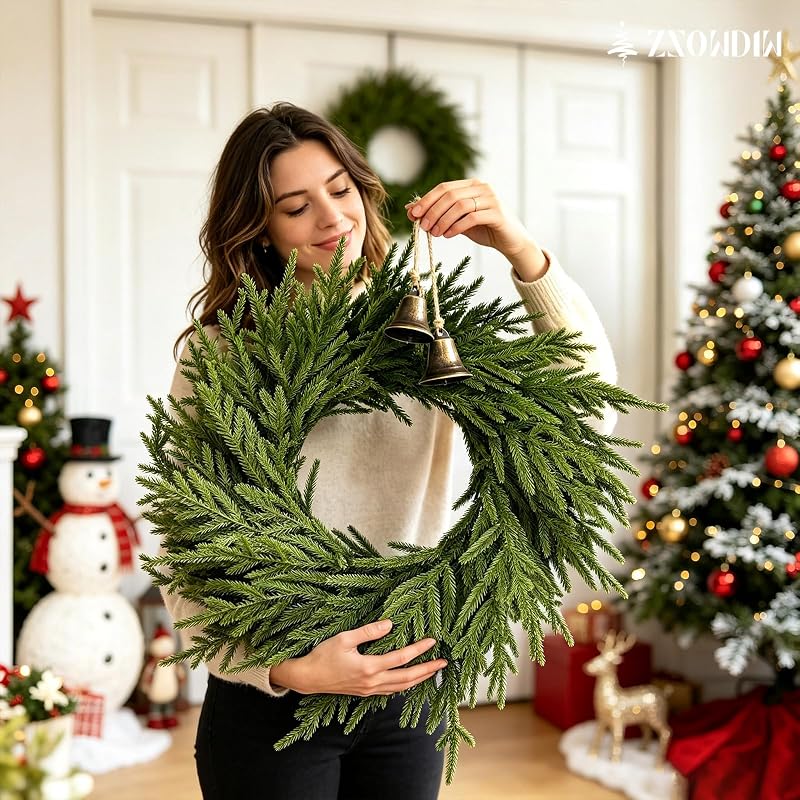 Decorated 2PACK 24-Inch Norfolk Pine Wreaths with Bells for Front Doors