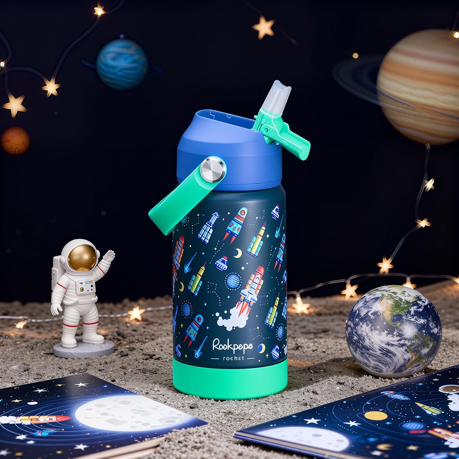 Rockpapa 14 Oz Kids Insulated Water Bottle - Stainless Steel, BPA Free, Leak-Proof | Blue Rocket Design