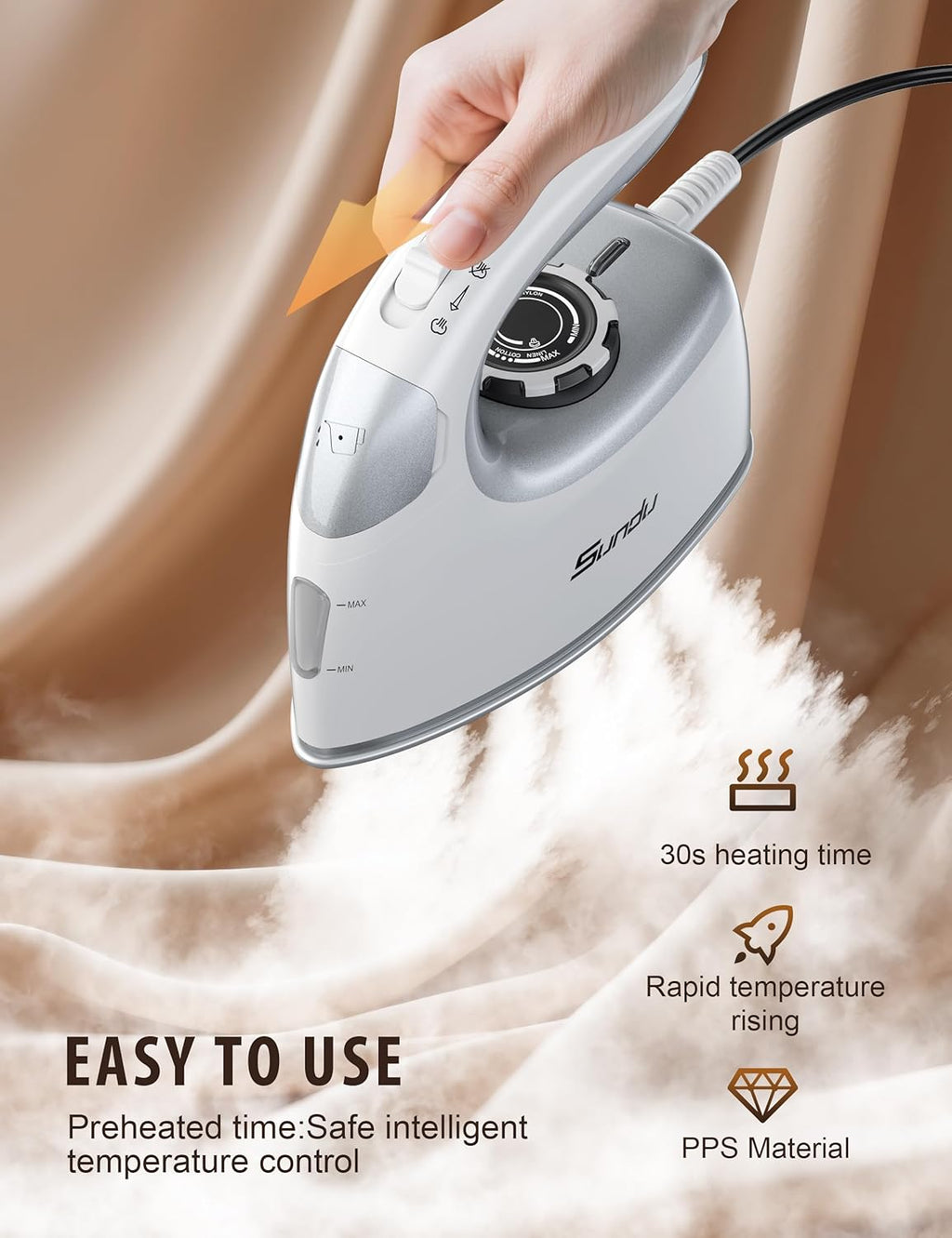 Sundu 1000W Mini Travel Steam Iron - Portable Quilting & Sewing Iron with Non-Stick Soleplate, 90ml Tank, Digital Temperature Control | Silver Grey
