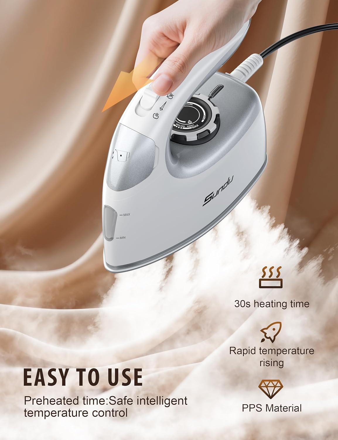Sundu 1000W Mini Travel Steam Iron - Portable Quilting & Sewing Iron with Non-Stick Soleplate, 90ml Tank, Digital Temperature Control | Silver Grey