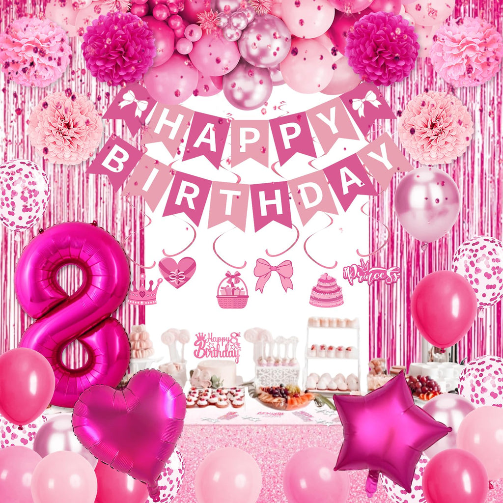 8th Birthday Decorations for Girls, Pink Party Decorations with Number 8 Balloon Happy Birthday Banner Bday Sash Crown Tablecloth Fringe Curtain Hanging Swirl for 8 Balloons for Bday Girl