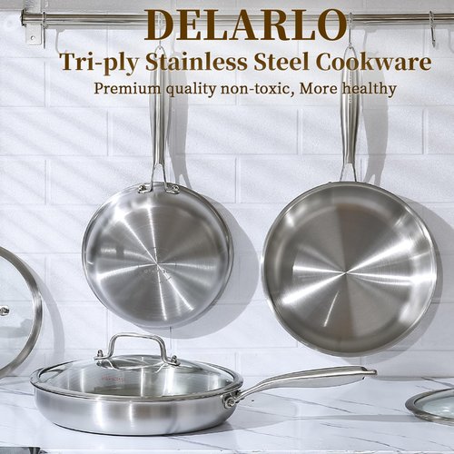 DELARLO Kitchen Whole Body Tri-Ply Stainless Steel Frying Pan, 12 inch,Stainless Steel, Oven safe induction skillet, Pots and Pans set,Suitable for All Stove