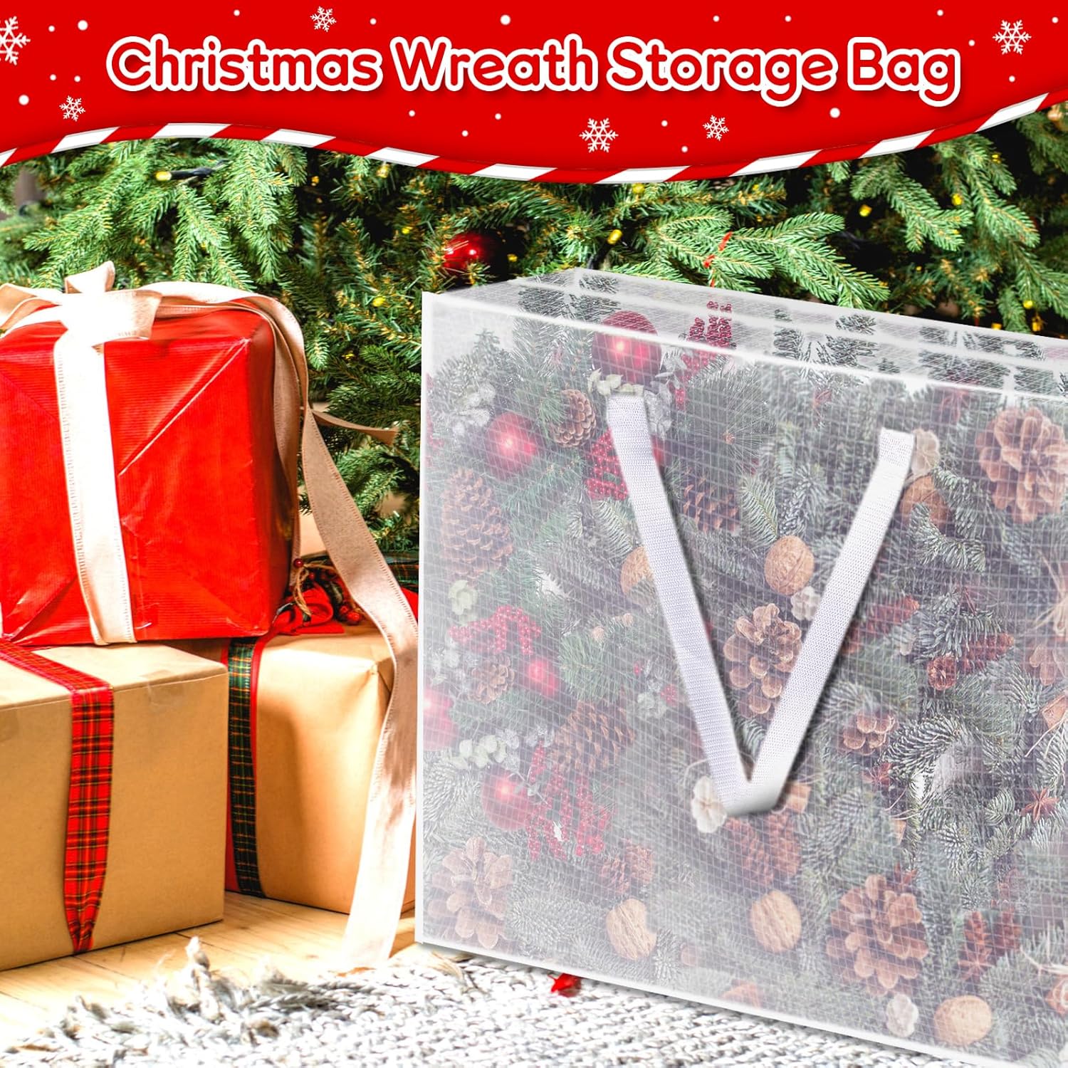 Skiennix 6PCS Christmas Wreath Storage Containers - 25" Clear Bags with Zippers & Handles for Holiday Decor