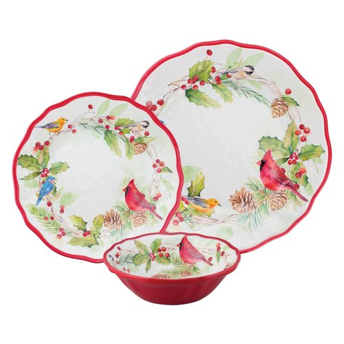 UPware 12 Piece Winter Birds Melamine Dinnerware Sets, Outdoor Dishes Set, Plates and Bowls Sets, Christmas Decorations, Service for 4, Red