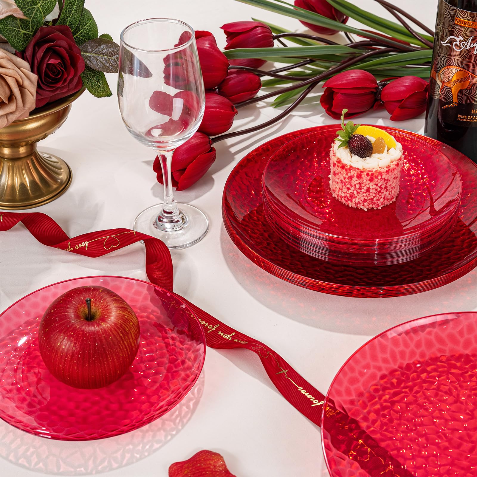 Rubtlamp 60Pcs Red Plastic Plates, Heavy Duty Clear Red Disposable Plates, Fancy Hammered Plastic plates Include 30 Dessert Platos, 30 Dinner Platos for Party Mother's Day