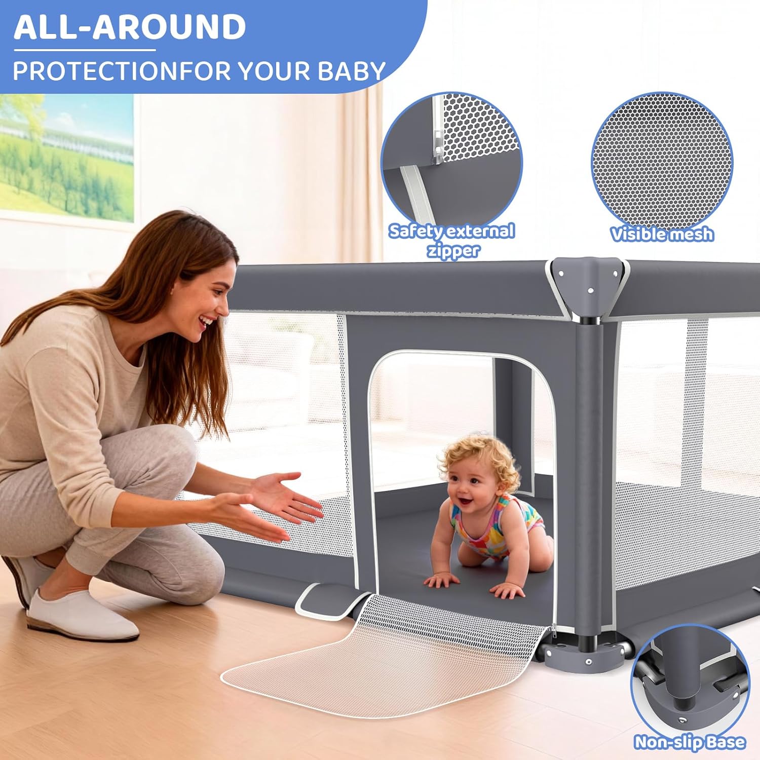 Skiennix Foldable Baby Playpen - 50"x50" Portable Safety Play Yard for Indoor & Outdoor Use - Dark Gray
