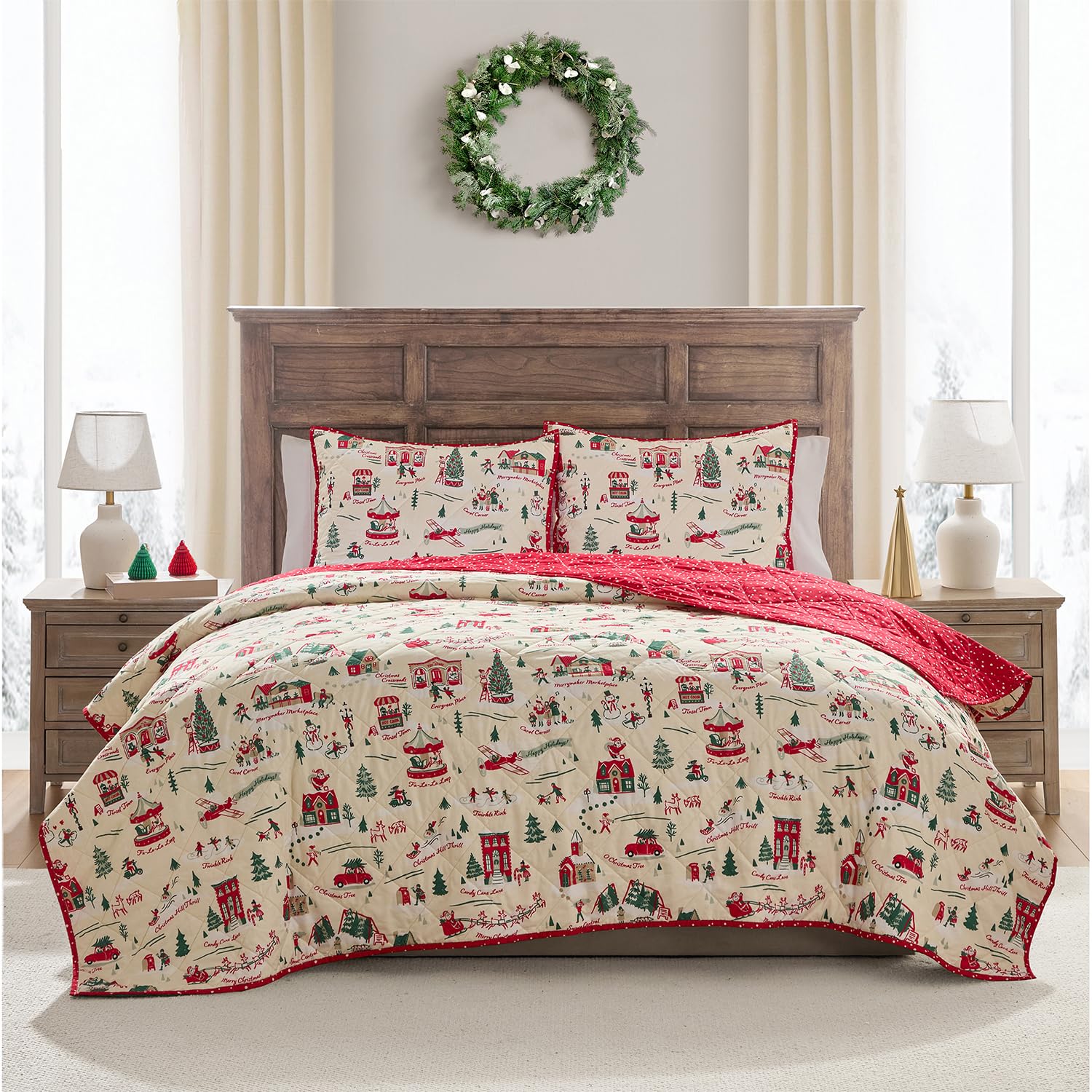 Hallmark King Size 3-Piece Holiday Quilt Set with Shams | Reversible Quilt with 2 Christmas Patterns | Lightweight & Cozy | Super Soft Microfiber Fabric | Wrinkle-Resistant | Multi Christmas Village