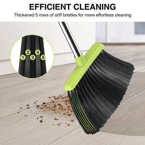 Broom and Dustpan Set, 52-in Long Adjustable Handle Broom Dustpan Combo with Dust pan Teeth to Automatically Clean Hair Suitable for Home Kitchen Office Hall Floor（Green）