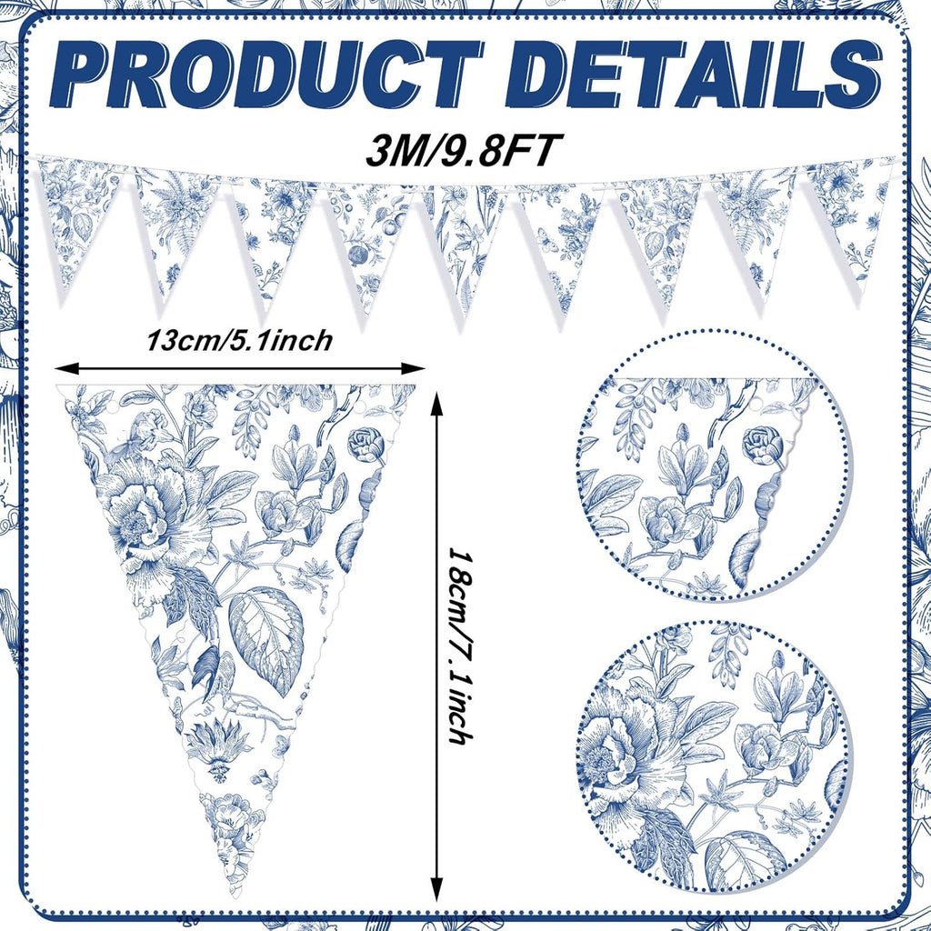Skiennix Vintage Floral Paper Pennant Garland - 5 Pieces Blue & White Triangle Banner for Weddings & Showers