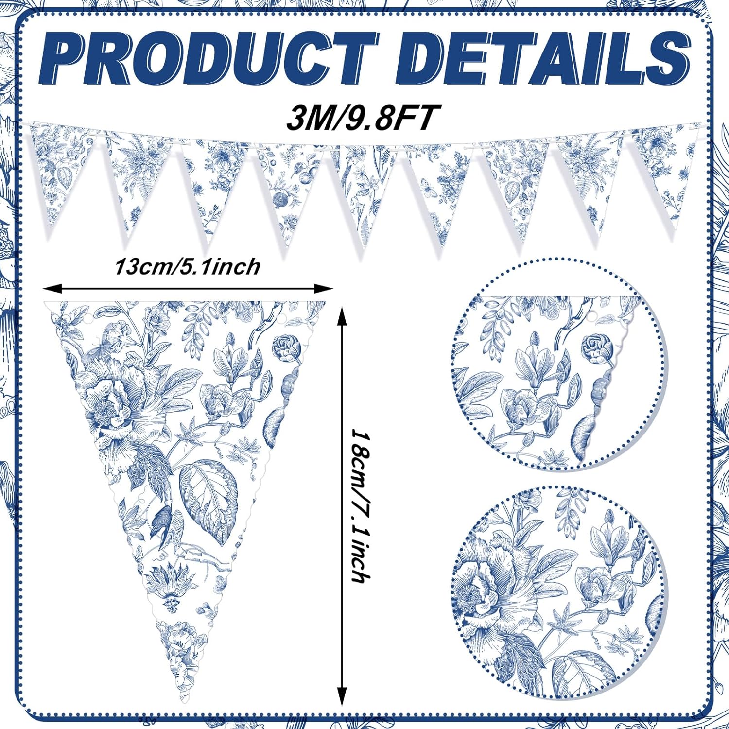 Skiennix Vintage Floral Paper Pennant Garland - 5 Pieces Blue & White Triangle Banner for Weddings & Showers